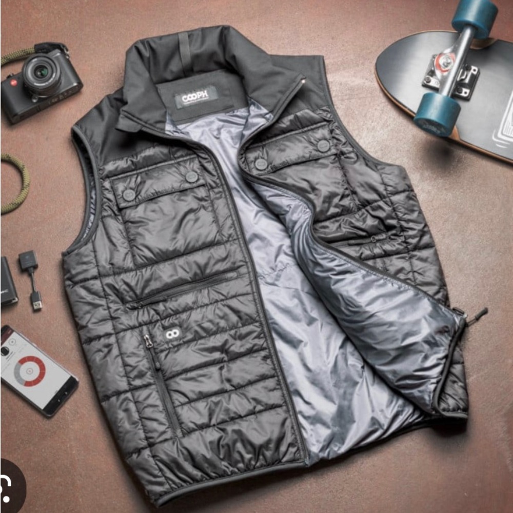 COOPH HEATABLE REVERSIBLE PHOTO VEST Large Black/ Grey lots of pockets NWT